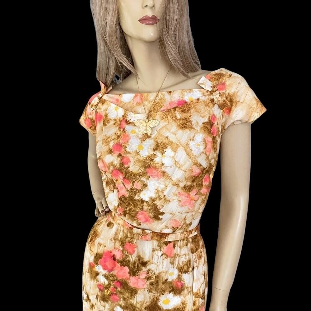 Vintage 50s Floral Silk Wiggle Dress Small | Hollywood Regency Mid Century Glam - Picture 9 of 9